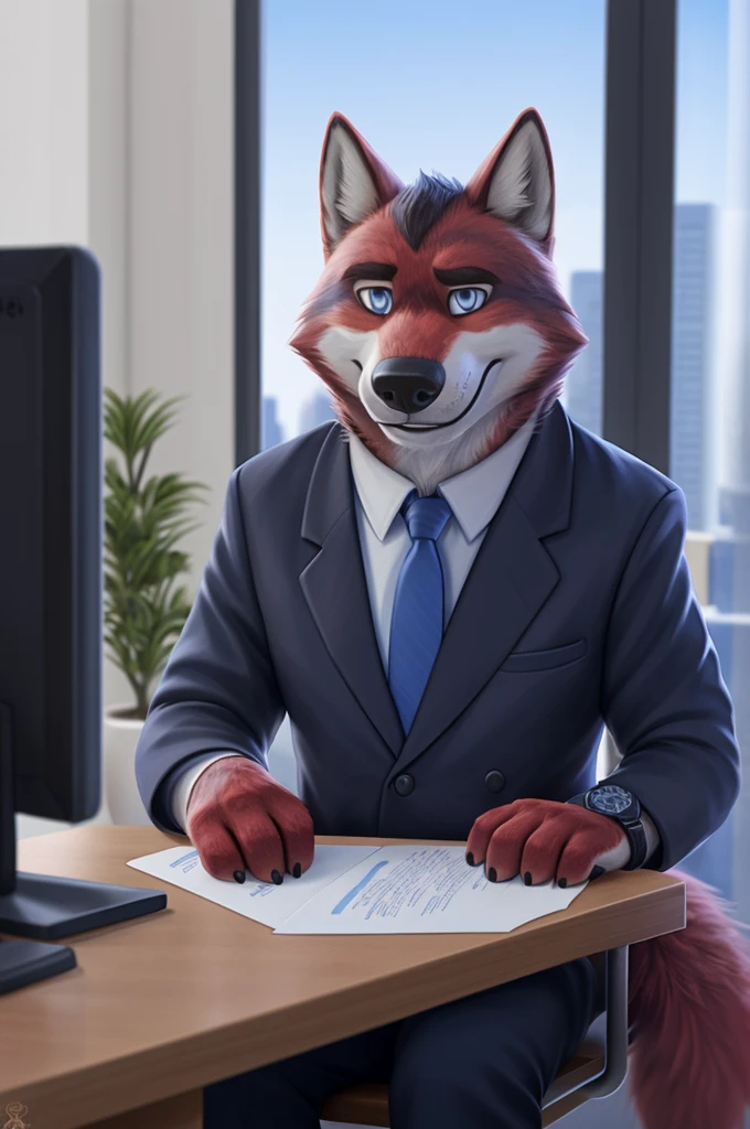 Ivan Fedorovich Wolfbach (Novosibirsk) ,Tall, handsome man, wolf,young, 24 years, brown fur,Kind,(red body:1.3),beautiful blue eyes,Novosibirsk,dressed, black jacket awards on jacket, shirt, Red tie, trousers, wolf, detailed fur, man ,paw pads, finger claws,per viewer, 5 fingers, paws, 5 fingers, smile, wrist watch, nextel, by xenoforge, (complex, high detail, digital photography, soft focus, RAW variety viewer, Very close to the camera) , variety, Novosibirsk, smile, good mood, positive, Very close to the camera, GOVERNOR, is sitting, at the computer,keyboard, is sitting за компьютерным столом, cabinet, GOVERNORа, writes documents, to the city, GOVERNOR Novosibirskа, conference table, Colleagues,самый young GOVERNOR, 
Photorealism, realism, digital style, Subsurface scattering, I look at the viewer, is sitting,conference table, handle, paper, 
masterpiece, Best quality, ultra realistic, 8 thousand.)