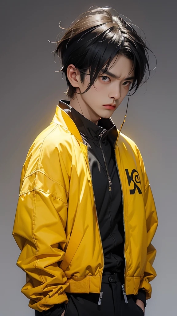 (Highest quality:1.2)。One Man。Angry expression。(Wearing a yellow jacket)。(standing)。The background is a black。(the word SELA is written on his jacket ) , short hair, wolf cut