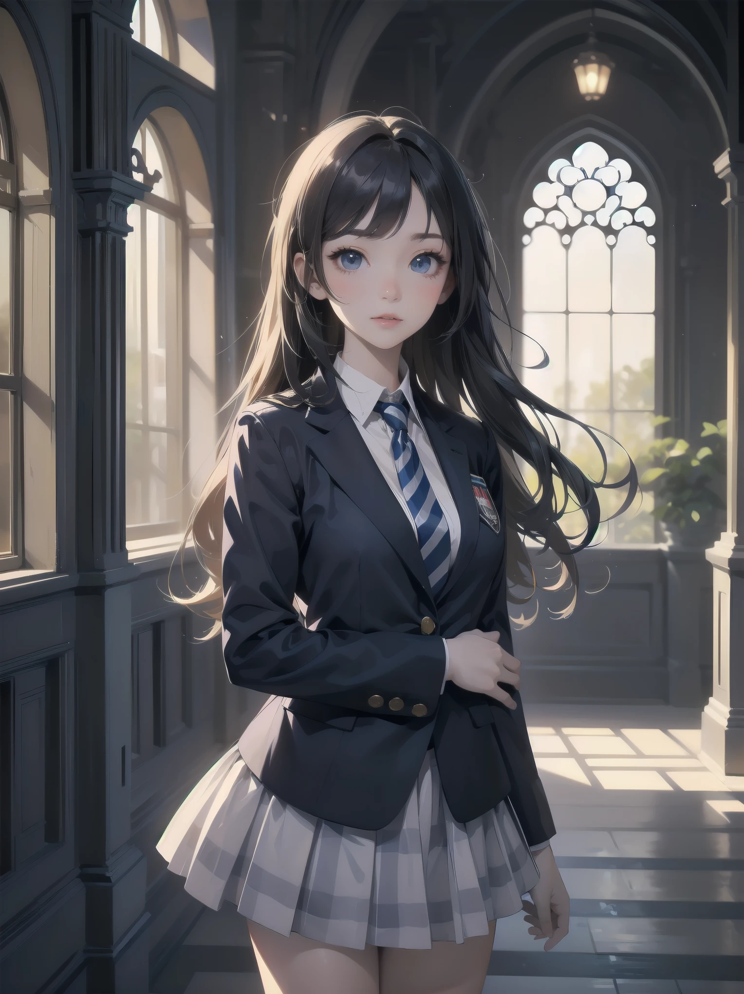 (masterpiece: 1.2)、(Highest quality: 1.2)、Highest resolution、Very detailed。 break。 ((Anime girl in preppy uniform))、Transparent Girl、(1、Confident、17 years old: 1.3)、Charismatic smile、Calm posture、Wavy hair down to the shoulders、Bright Eyes、Slim figure、(Highest quality: 1.2)、Very high resolution、Very detailed。Expressive eyes、Beautifully detailed lips、High resolution detailed hair、Perfect Face、Clear Skin、Manicured hands、Perfect lighting。 break。 ((Preppy uniform with school crest))、((Navy blazer、White shirt、Striped tie、Checkered Skirt: 1.3))、Knee-high socks、Oxford Shoes。 break。 (School courtyard)、Grand entrance、Clock tower、Students in the background、(Framing a Cowboy Shot: 1.2)。 break。 ((positive: 1.3))。 break。Digital Animation Art、Preppy anime style illustration