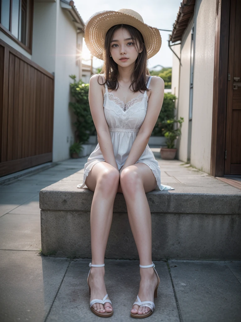 (Summer beach、Sitting by the beach、Spread your legs座る、Spread your legs:1.2、Resort、blue sky、Beautiful sea)、(White Dress:1.4、Mini Dress:1.3、Wear a straw hat、Sandals、fine lace panties:1.3)、(Realistic、Like a photograph、Live Action、8K, Realistic, RAW Photos, Best image quality: 1.4), Single-lens reflex camera、RAW Photos, Highest quality, Realistic, Highly detailed CG Unity 8K wallpaper, Written boundary depth, Cinematic Light, Lens flare, Ray Tracing, Realistic background、((ultra high density skin))、 A girl traveling in Okinawa,Cute Japanese Woman、((whole body:1.5),avert your eyes:1.1、Straight Long Hair:1.2、I like that style、stylish、Very detailed、Pay attention to the details、Perfect outfit、(White skin)、Beautiful feet:1.1,View from below、Accurate hands、Accurate legs、Detailed hands and fingers、Anatomically correct body、Arms and legs are'mix