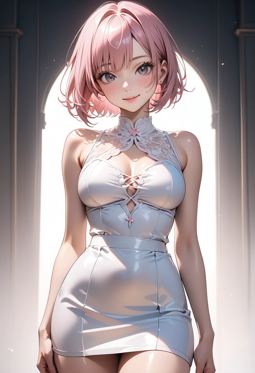 ((Sexy dress, Pencil Skirt)), skindentation, skinny, solo, 1 woman, Masterpiece, highest quality, highest quality, 16K, incredibly absurd, highly detailed, 2.5D, ai-generated, delicate and dynamic, very delicate facial expressions, delicate eye depiction, erotic, only sexy woman, healthy figure, 25-year-old woman, bride, 160cm tall, medium firm swaying bust (short hair), (pink hair:1.5), bob cut, black eye, sexy, ((thin thighs)), (Erect nipples:0.8), (visible nipples:0.8), (camel toe:0.8), ((shiny and lustrous)), facing straight at viewer, smile, (standing), cowboy shot, (arms behind back),