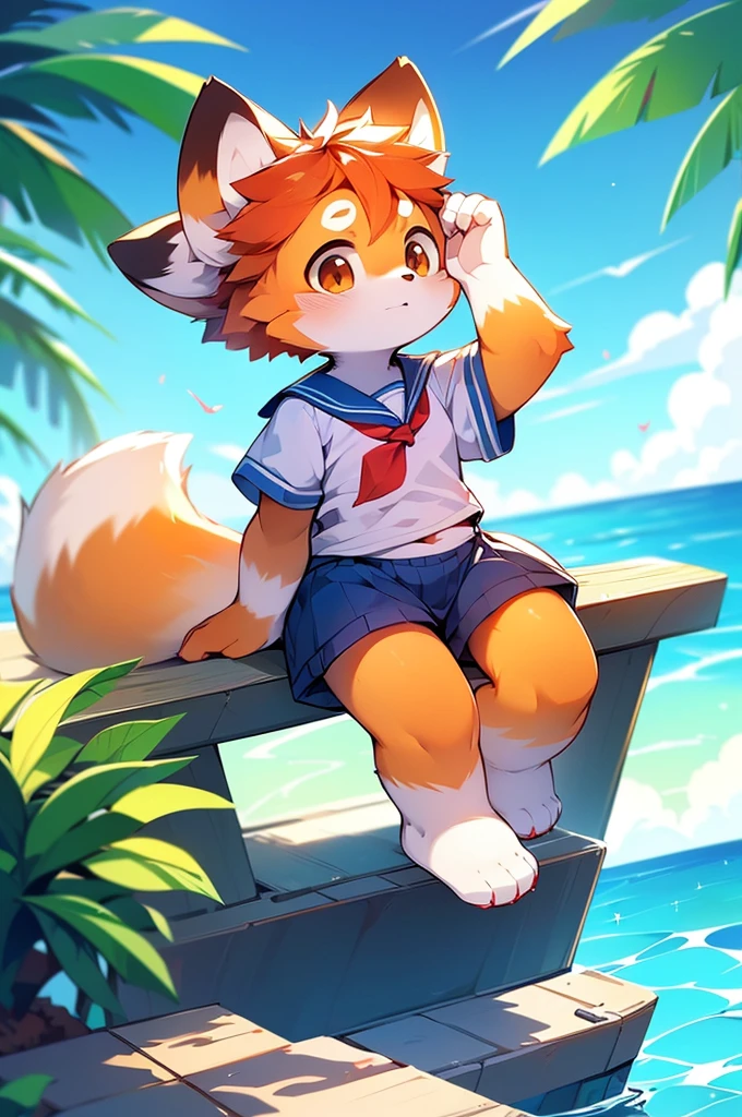 4K quality，High resolution， Female Red Panda, Ocean,      
Appeared wearing a sailor uniform!  Sitting,fly in the sky，                           Two legs，Stand on your feet，