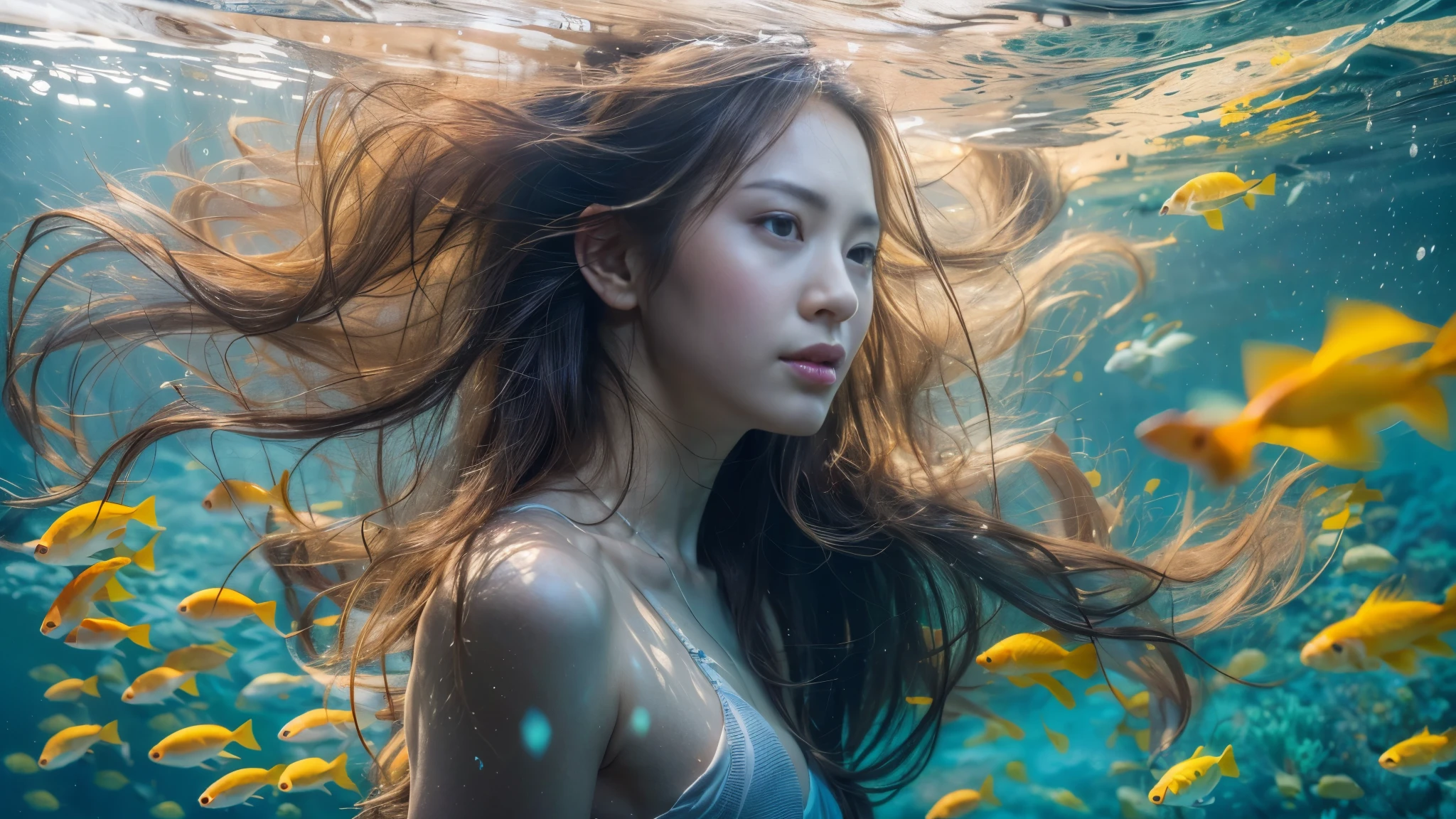 calm serene tranquil underwater scene, a beautiful woman in a bikini swimming underwater with colorful fish, crystal clear underwater environment, gorgeous chinese female model, delicate facial features, long flowing hair, serene expression, graceful underwater pose, shimmering light and bubbles, lush underwater flora, sense of weightlessness and freedom, vivid colors, cinematic lighting, photorealistic quality, (best quality,4k,8k,highres,masterpiece:1.2),ultra-detailed,(realistic,photorealistic,photo-realistic:1.37),HDR,studio lighting,extremely detailed face and eyes,intricate details,vibrant colors,stunning composition