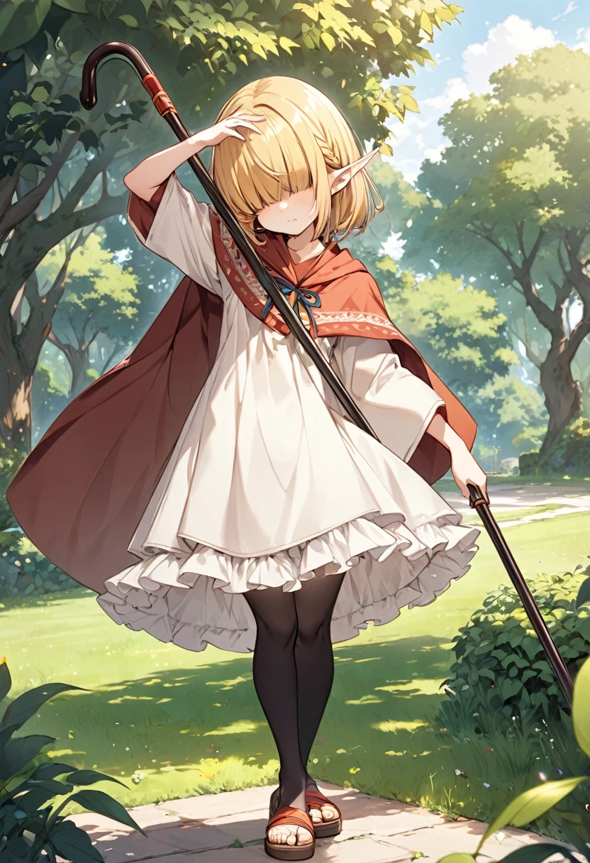 BREAK Perfect Anatomy、(High resolution:1.2)、Incredible illustrations、(Cute illustrations:1.2)、(Beautiful background(bushes in the park)) 1little girl((multicolored hair,(((bangs over eyes))), ,)1girl((a girl,elf 1.5meters, 25kg,18 years old female, ((tunic,poncho,petticoat,asymmetric thigh-high socks, sandals,short cane),((tilting head))