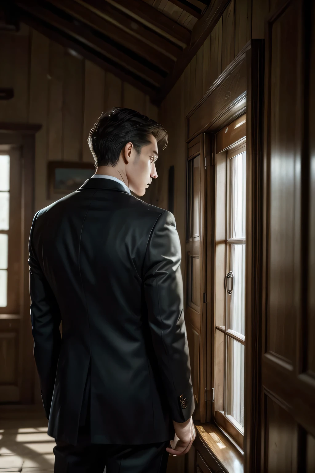 ((work of art, best qualityer)), high resolution, 8K, cinematic light, hight contrast, Depth of field, intenseglare, detailed back ground, a man inside a well-dressed house, alone and sad.