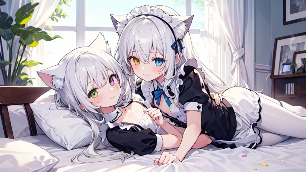 Maid costume，White pantyhose，White hair，Long hair，Cat ear，Heterochromia blue-yellow，Smile，Female face，There are bright spots in the eyes，Female hands，White little hands，Normal fingers，flat chest，2 people，in the room，Lying in bed，One of them lies on top of another