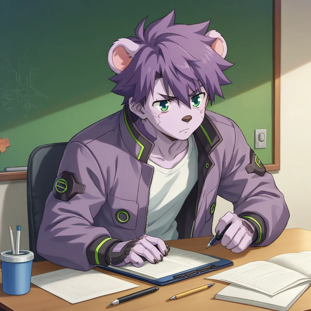 "Create a manga cyberpunk style image of a koala with purple fur and a purple jacket, working on a notebook, featuring (((intricate details))), (((best quality))), (((extremely detailed quality))), and (((complex composition)))." | Related artists: Masamune Shirow, Katsuhiro Otomo, Tsutomu Nihei