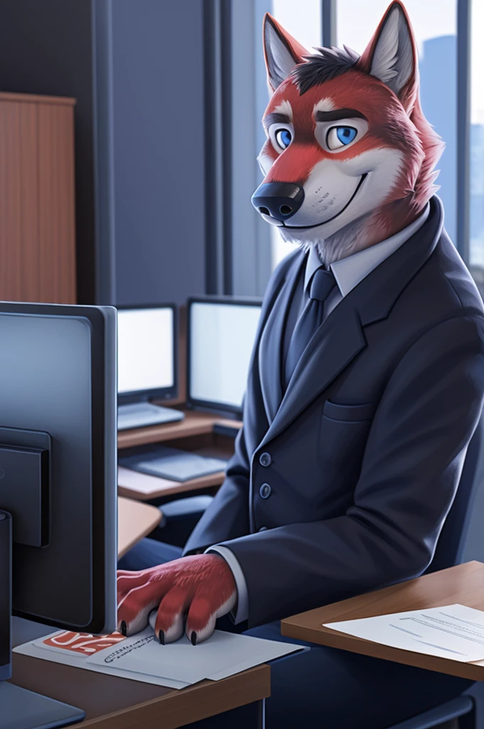 Ivan Fedorovich Wolfbach (Novosibirsk) ,Tall, handsome man, wolf,young, 24 years, brown fur,Kind,(red body:1.3),beautiful blue eyes,Novosibirsk,dressed, black jacket awards on jacket, shirt, black tie, trousers, wolf, detailed fur, man ,paw pads, finger claws,per viewer, 5 fingers, paws, 5 fingers, smile, wrist watch, nextel, by xenoforge, (complex, high detail, digital photography, soft focus, RAW variety viewer, Very close to the camera) , variety, Novosibirsk, smile, good mood, positive, Very close to the camera, GOVERNOR, is sitting, at the computer,keyboard, is sitting за компьютерным столом, cabinet, GOVERNORа, writes documents, to the city, GOVERNOR Novosibirskа, conference table, Colleagues,самый young GOVERNOR, black tie,
Photorealism, realism, digital style, Subsurface scattering, I look at the viewer, is sitting,conference table, handle, paper,
masterpiece, Best quality, ultra realistic, 8 thousand.)