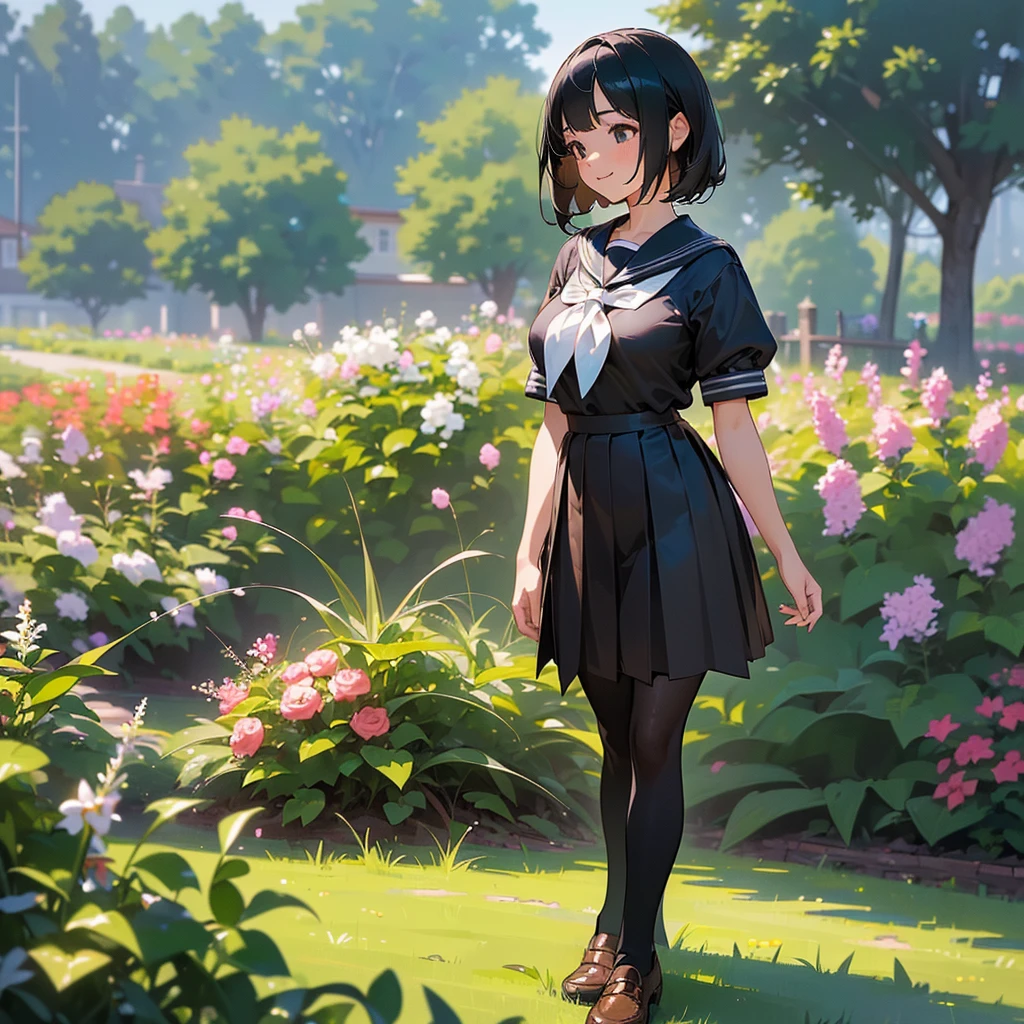 (Highest quality, High resolution, Super detailed, Realistic:1.37), Peaceful atmosphere, (Outdoor, garden), Teenage girl standing alone,(my breasts are big.),Beautifully detailed features, Cute Smile, ((Black bob hair)),Short-sleeved sailor uniform, Pleated skirt,Black tights,Brown leather shoes.