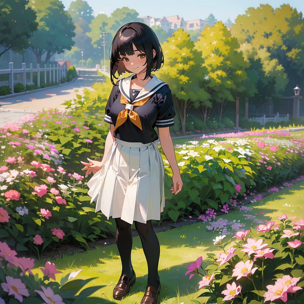 (Highest quality, High resolution, Super detailed, Realistic:1.37), Peaceful atmosphere, (Outdoor, garden), age girl standing alone,(my breasts are big.),Beautifully detailed features, Cute Smile, ((Black bob hair)),Short-sleeved sailor uniform, Pleated skirt,Black tights,Brown leather shoes.