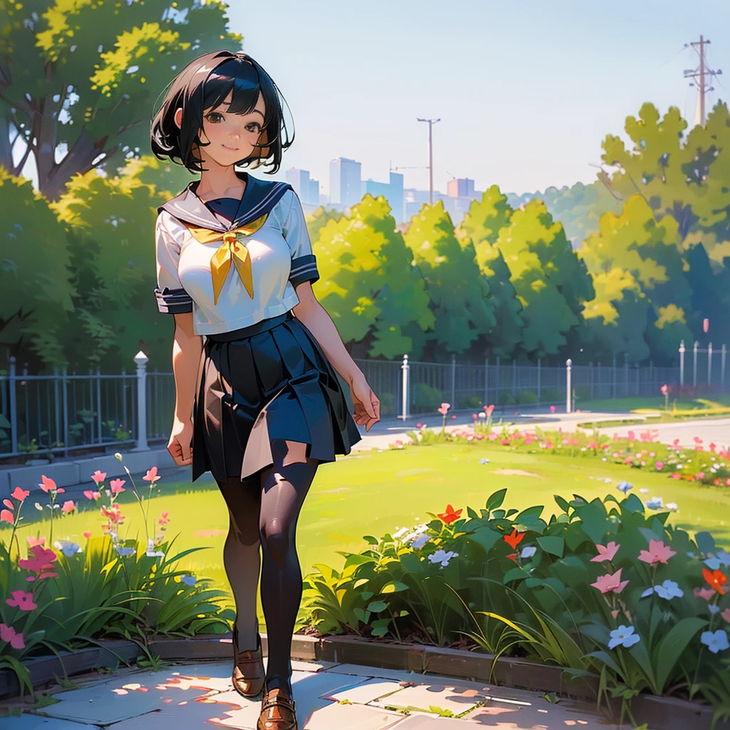 (Highest quality, High resolution, Super detailed, Realistic:1.37), Peaceful atmosphere, (Outdoor, garden), Teenage girl standing alone,(my breasts are big.),Beautifully detailed features, Cute Smile, ((Black bob hair)),Short-sleeved sailor uniform, Pleated skirt,Black tights,Brown leather shoes.