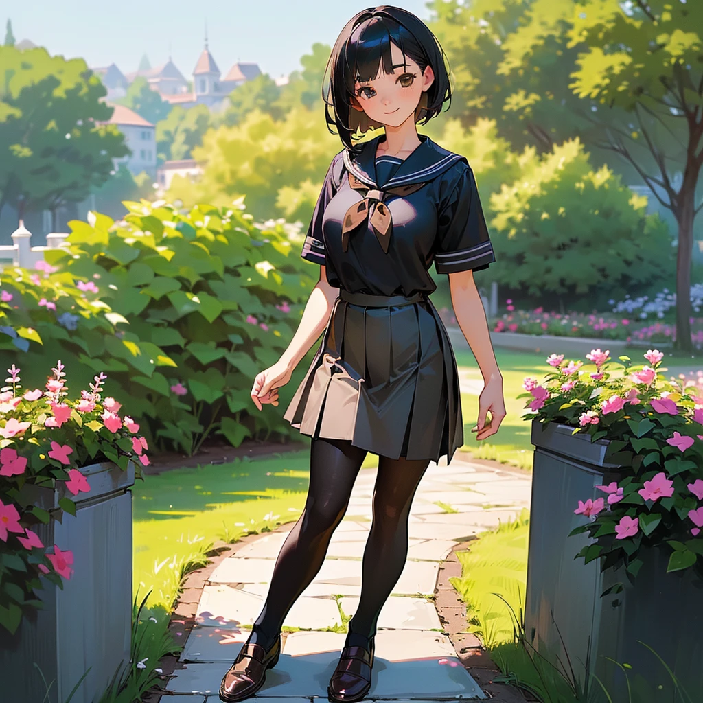 (Highest quality, High resolution, Super detailed, Realistic:1.37), Peaceful atmosphere, (Outdoor, garden), Teenage girl standing alone,(my breasts are big.),Beautifully detailed features, Cute Smile, ((Black bob hair)),Short-sleeved sailor uniform, Pleated skirt,Black tights,Brown leather shoes.