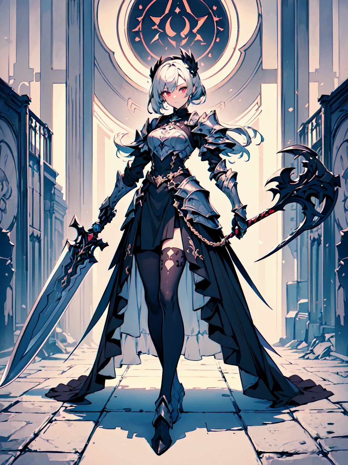 (((masterpiece, best quality, high detailed, 8k))) Design a layout showcase Gaming character, (1girl). Black|Gold clothes, stylish and unique. ((showcase weapon:1.4)), dark scythe. (masterpiece:1.2), (best quality), 4k, ultra-detailed. (Step by step design, layout art:1.5), (luminous lighting, atmospheric lighting). necromancer, ((glove full hands)), (((revealing clothes:1.3))), vambraces, armored legwear, (((full_body_shot:1.4))). {In a haunted graveyard}.