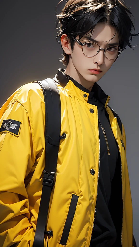 (Highest quality:1.2)。One Man。Angry expression。(Wearing a yellow jacket)。(standing)。The background is a black。(the word SELA is written on his jacket ) , short hair, hair cut, glasses