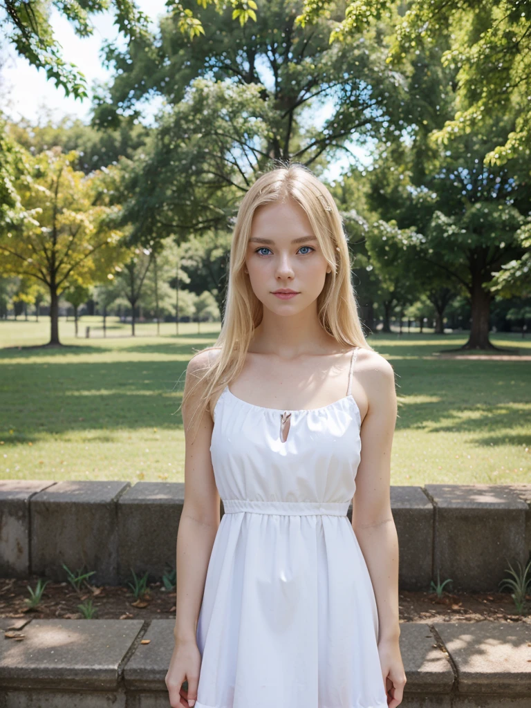 Blonde girl white skin with blue eyes wearing white dress in the park