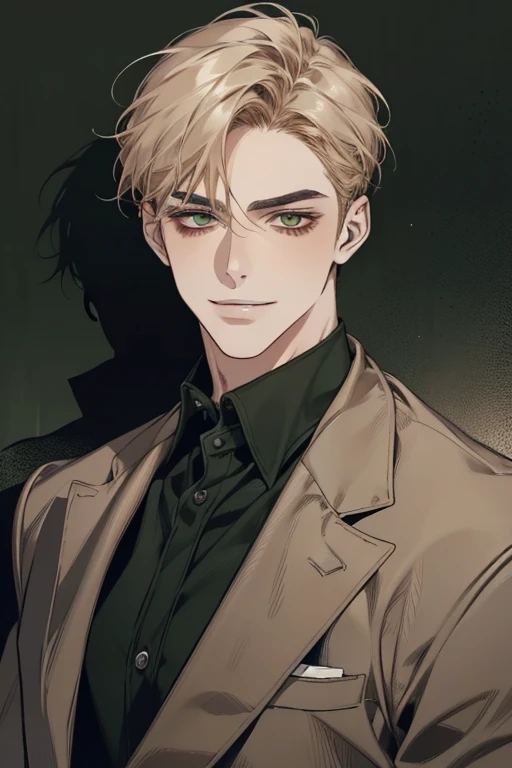 masterpiece, best quality, realistic, 1man, mature male, quiet and charming young man, 18 years old, smirk and look on the side, closed mouth, portrait, extremely detailed face, smirk, (dark green eyes), (short-side-swept sandy blonde hair)), [thick eyebrows], (detective clothing)