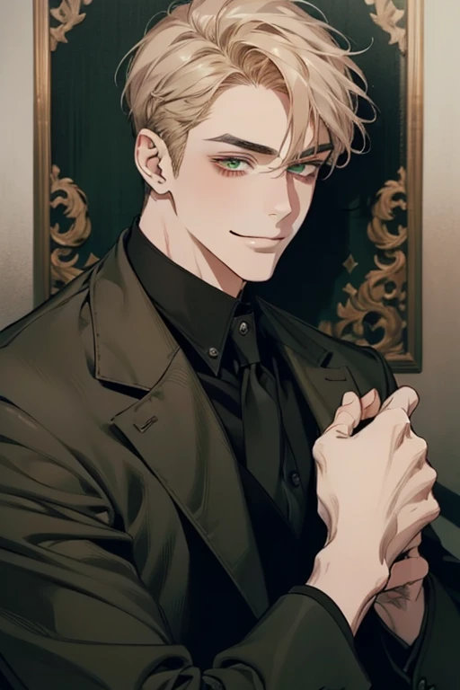 masterpiece, best quality, realistic, 1man, mature male, quiet and charming young man, 18 years old, smirk and look on the side, closed mouth, portrait, extremely detailed face, smirk, (dark green eyes), (short-side-swept sandy blonde hair)), [thick eyebrows], (detective clothing)