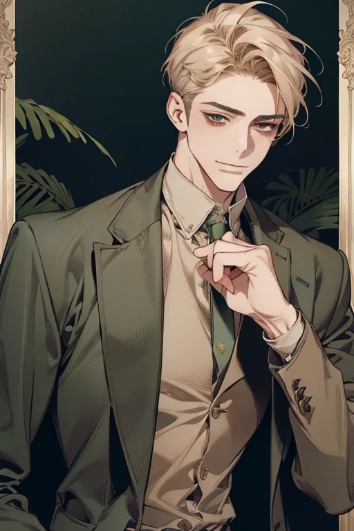 masterpiece, best quality, realistic, 1man, mature male, quiet and charming young man, 18 years old, smirk and look on the side, closed mouth, portrait, extremely detailed face, smirk, (dark green eyes), (short-side-swept sandy blonde hair)), [thick eyebrows], (detective clothing)