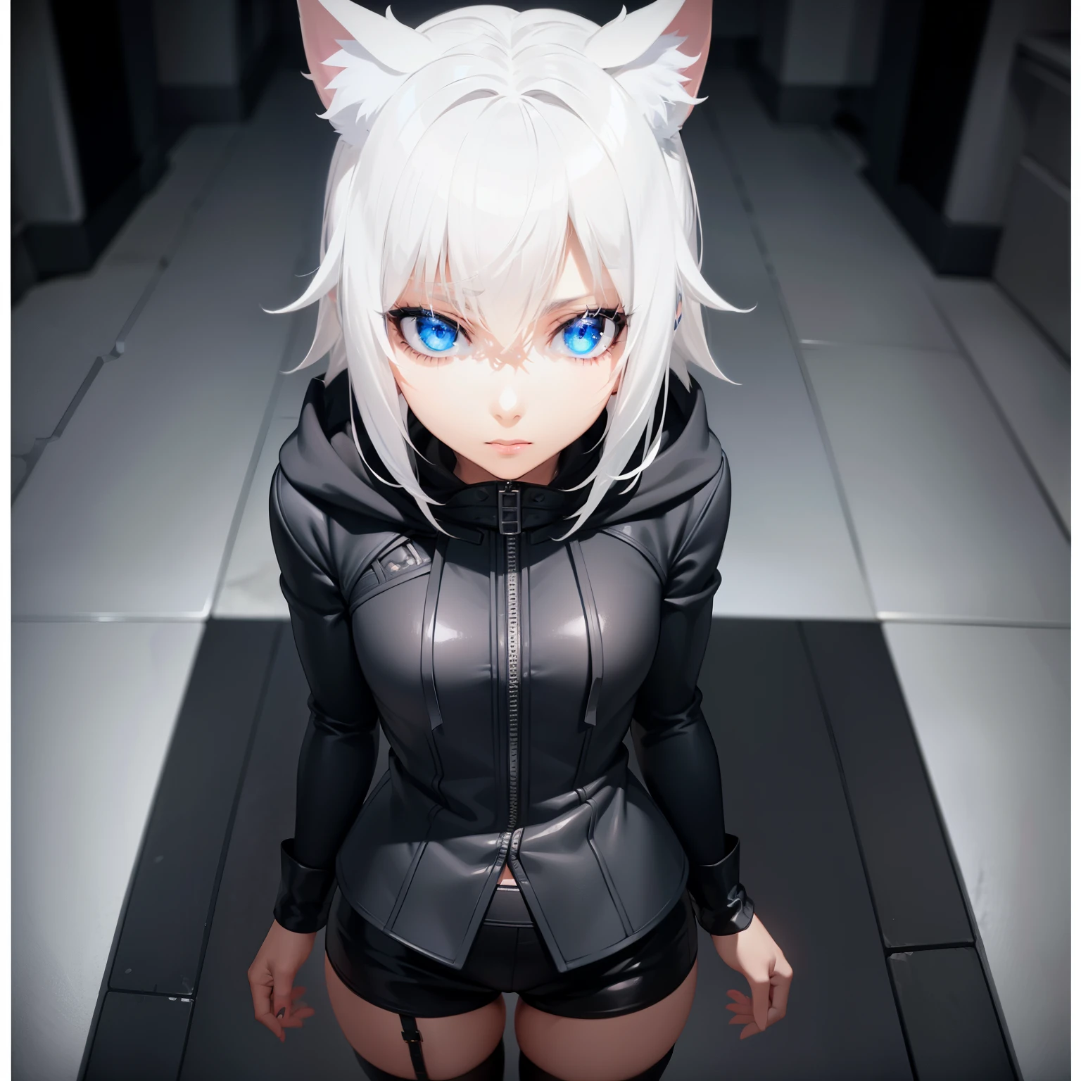 1 girl, character with cat ears, silver hair, short hair, beautiful detailed eyes, beautiful detailed lips, extremely detailed eyes and face, long eyelashes, wearing black hooded outfit, thigh-high stockings, garters, short shorts, (best quality,4k,8k,highres,masterpiece:1.2),ultra-detailed,(realistic,photorealistic,photo-realistic:1.37),concept art, fantasy, cinematic lighting, dramatic shadows You decided to wear a hoodie and covered your body, hiding yourself Rey 