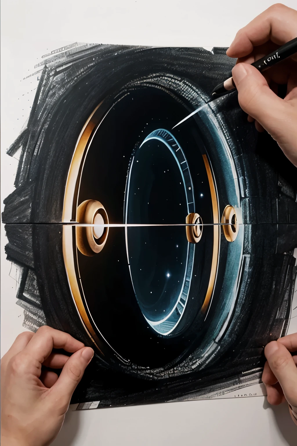 Draw a portal that represents the world of movies, with famous actors looking through it, and it will be very realistic