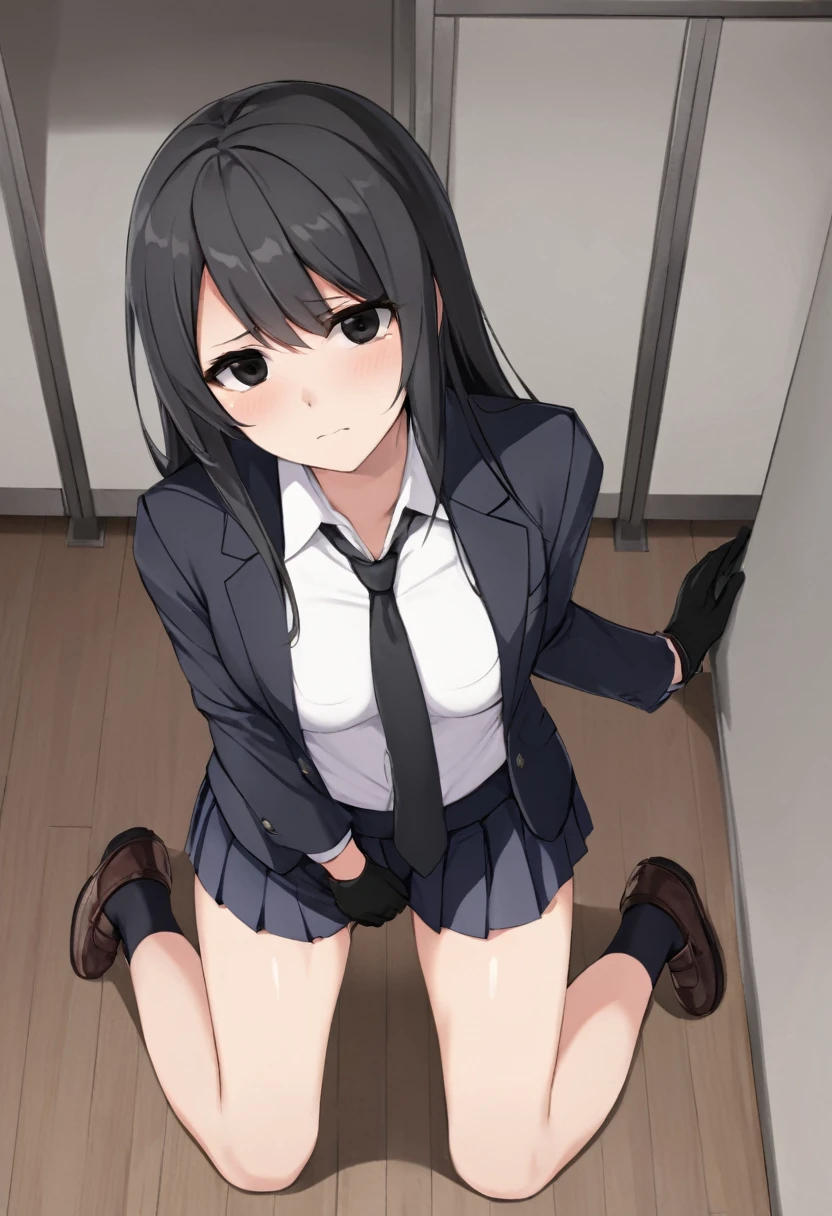 Black miniskirt ,shoes, dress shirt , pleated skirt , black long tie , assassin , whole body ,business attire , Black gloves , shorts blazer , bare legs , straight hair , black eyes , shot , thighs , whole body , kneeling , View from above , desperation , holding crotch