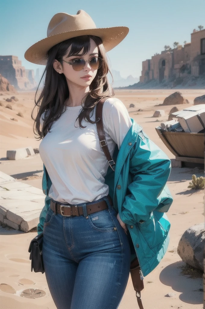 Best Quality, 8K Ultra Resolution, Great illustrations, Best of all, Award-winning, How to be the best, Cowboy hat with buckled leather belt, Holding a gun in both hands, Add effects to the end of the action pose, Jeans jacket, Bandana neck length, sunglasses, light brown wide pants, ((cyan, brown, White: 1.5)), Spectacular desert landscape: 1.5, Realistic: 1.4, Skin Texture: 1.4, super masterpiece, Very detailed, Super detailed, 32k