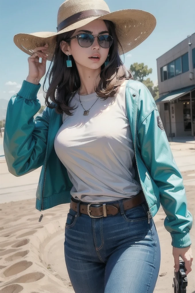 Best Quality, 8K Ultra Resolution, Great illustrations, Best of all, Award-winning, How to be the best, Cowboy hat with buckled leather belt, Holding a gun in both hands, Add effects to the end of the action pose, Jeans jacket, Bandana neck length, sunglasses, light brown wide pants, ((cyan, brown, White: 1.5)), Spectacular desert landscape: 1.5, Realistic: 1.4, Skin Texture: 1.4, super masterpiece, Very detailed, Super detailed, 32k
