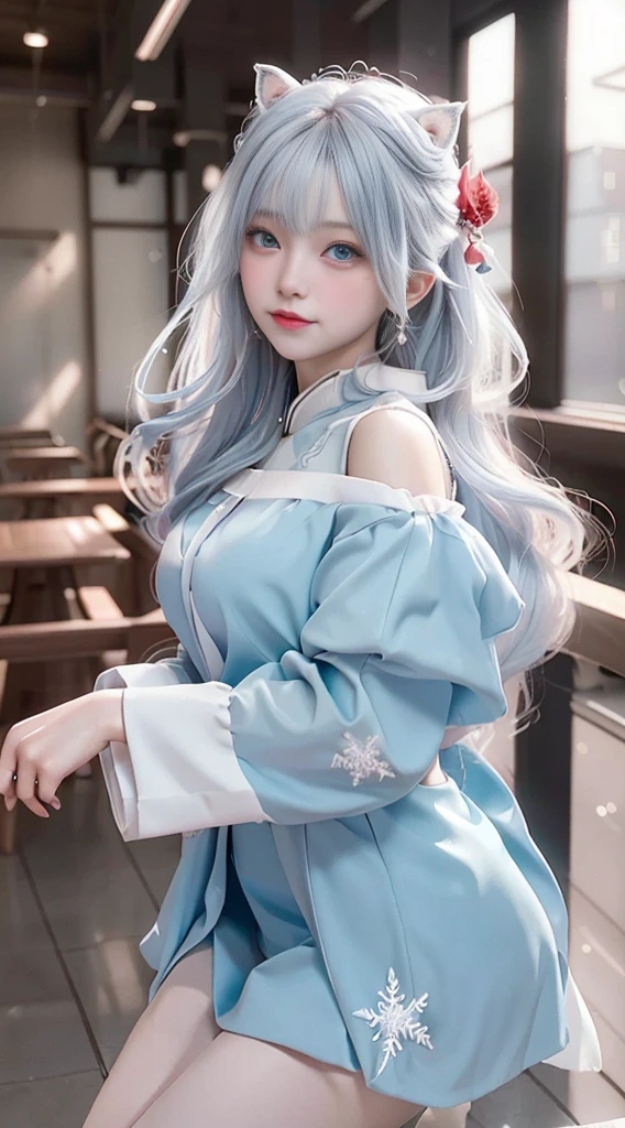 （（Best quality））， （（masterpiece））， （detail：1.4）， Beautiful cyberpunk Japanese female image，Sixteen years old,　nffsw（High Dynamic Range），Ray Tracing，nvidia RTX，Super Resolution，Unreal 5，Subsurface scattering，PBR Textures，Post-Processing，Anisotropic filtering，Depth of Field，Maximum clarity and sharp multi-layered textures，Albedo and Specular Maps，Surface Shading，Mitsu - Accurate simulation of material interactions，Perfect proportion，Octane Rendering，Two-color light，Large aperture，Low ISO，White Balance，Three rules、8K raw data、Beautiful bright red pupils，Off-shoulder clothing，outstanding student，Light blue gradient on pure white hair，Delicate face and eyes，Round Face,　Drooping eyes,　Long eyelashes，Blush Blush，Fine and fluffy hair，lips，pure，Cute face，Sweet girl，Smile，Artistic sense，Casual wear，advanced sense，snowflake，petal，snowflake,　Wild rose snow background,　Beautiful hair accessories，Waist-length hair，Hair blowing in the wind，Snow White cat ears,　curly