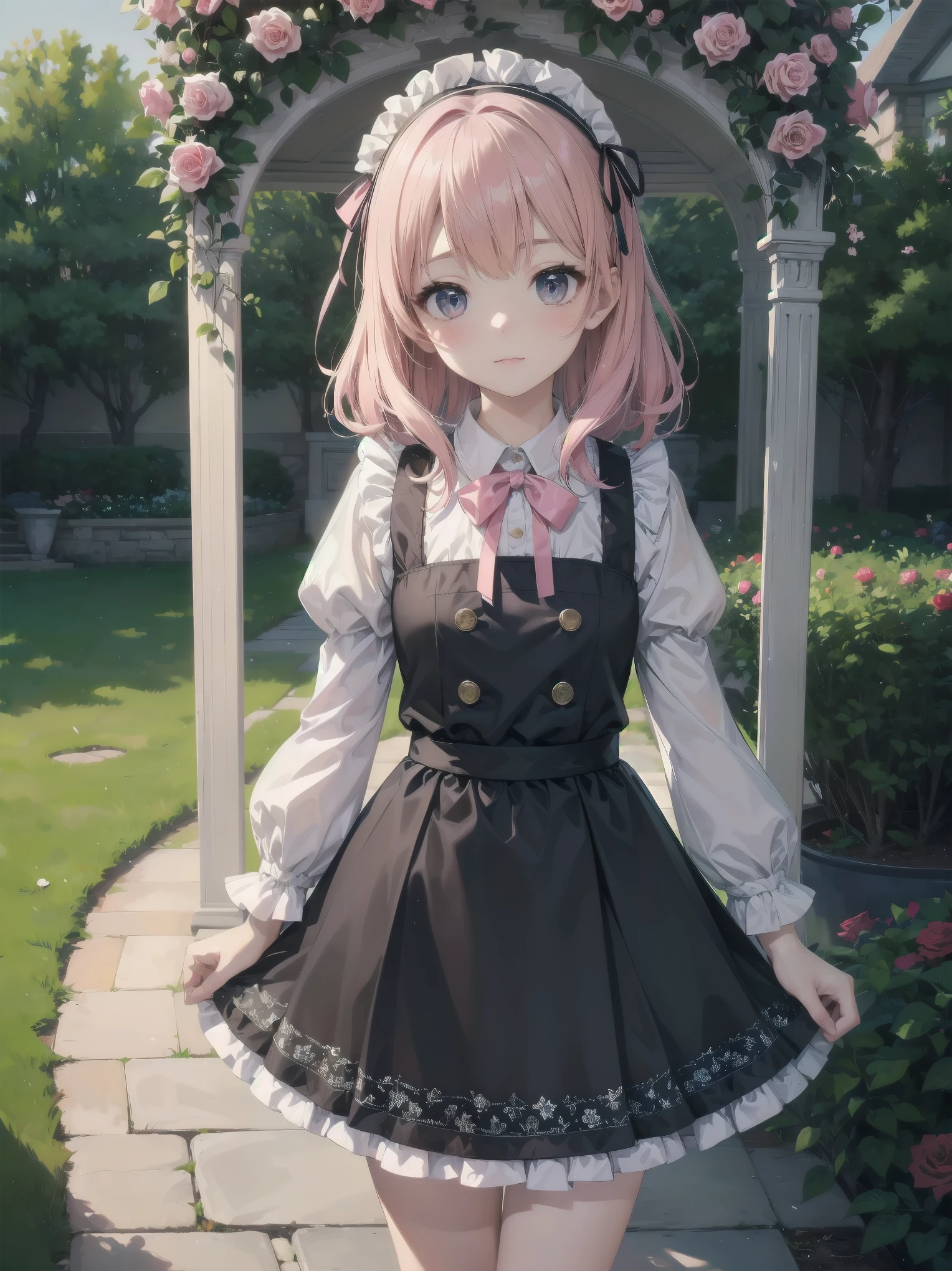 (Masterpiece: 1.2), (Best quality: 1.2), Superb resolution, Very detailed. BREAK. ((Anime girl in sweet lolita-inspired uniform)), clear girl, (1, Shy, 9 years old: 1.3), soft smile, demure pose, curly pastel hair, doe eyes,  figure, (Top quality: 1.2), very high resolution, very detailed. Expressive eyes, beautifully detailed lips, high resolution detailed hair, perfect face, porcelain skin, delicate hands, perfect lighting. BREAK. ((Frilly lolita-style uniform with lace details)), ((Pink blouse with puff sleeves, white pinafore, rose patterns: 1.3)), knee-high socks with bows, platform shoes. BREAK. (School garden), flower beds, gazebo, fountain, soft sunlight, (cowboy shot composition: 1.2). BREAK. ((Positive: 1.3)). BREAK. Digital animation art, sweet lolita anime style illustration