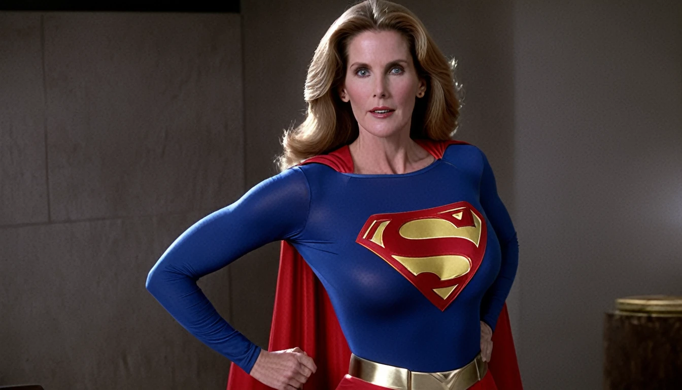 strong Julie Hagerty Supergirl; big and strong breasts. HD. Photograph, ((realism)), extremely high quality RAW photograph, ultra detailed photograph, sharp focus, high resolution, (detailed skin:1,3),high quality, film grain, Fujifilm XT3,Highly Detailed, movie, (Cinematic Photo:1.3) of (Realistic:1.3)