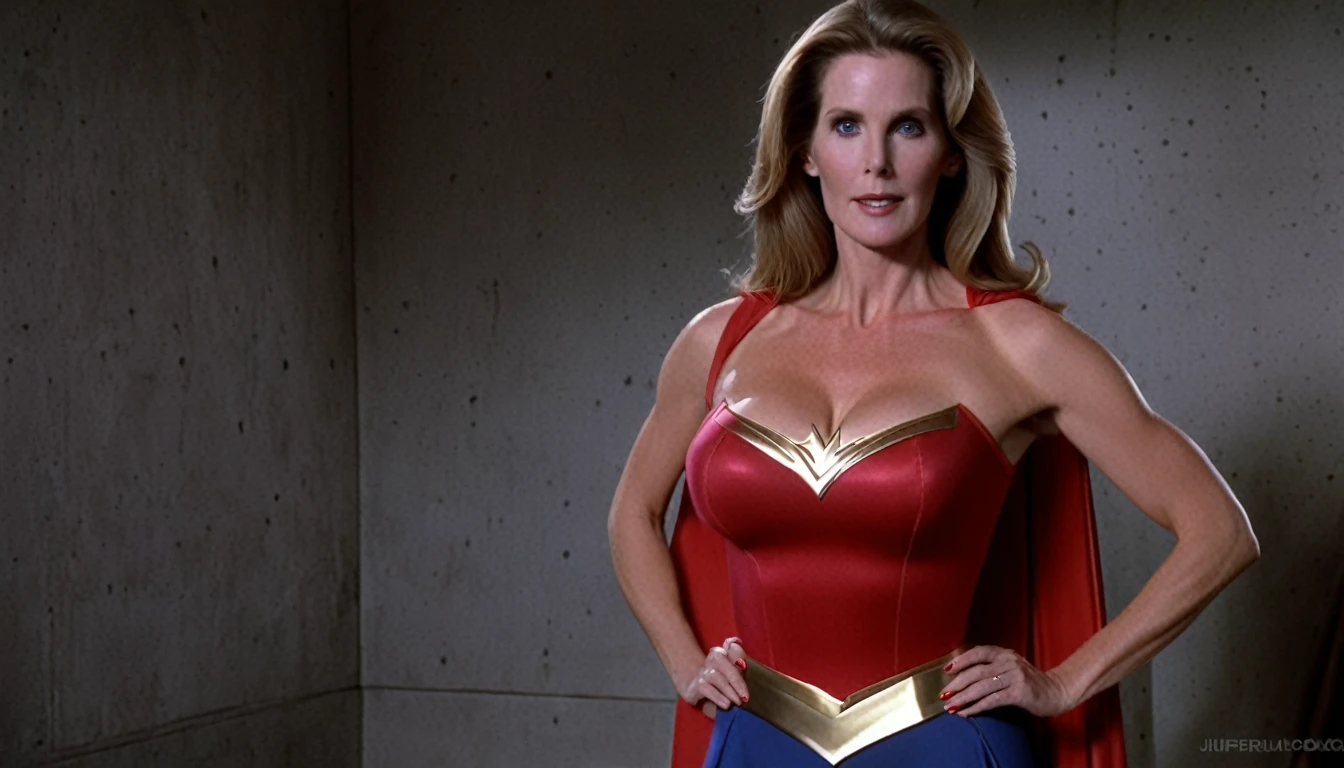 strong Julie Hagerty Supergirl; big and strong breasts. HD. Photograph, ((realism)), extremely high quality RAW photograph, ultra detailed photograph, sharp focus, high resolution, (detailed skin:1,3),high quality, film grain, Fujifilm XT3,Highly Detailed, movie, (Cinematic Photo:1.3) of (Realistic:1.3)