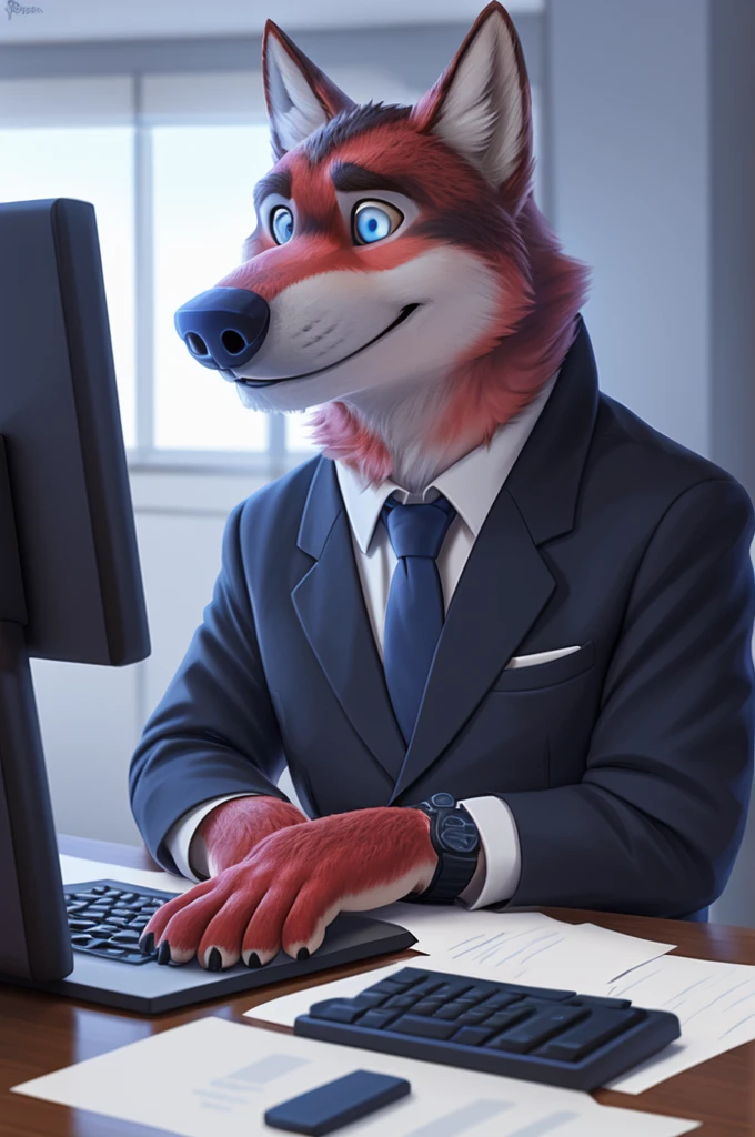 Ivan Fedorovich Wolfbach (Novosibirsk) ,Tall, handsome man, wolf,young, 24 years, brown fur,Kind,(red body:1.3),beautiful blue eyes,Novosibirsk,dressed, black jacket awards on jacket, shirt, black tie, trousers,shoes, wolf, detailed fur, man ,paw pads, finger claws,per viewer, 5 fingers, paws, 5 fingers, smile, wrist watch, nextel, by xenoforge, (complex, high detail, digital photography, soft focus, RAW variety viewer, Very close to the camera) , variety, Novosibirsk, smile, good mood, positive, Very close to the camera, GOVERNOR, is sitting, at the computer,keyboard, is sitting за компьютерным столом, cabinet, GOVERNORа, writes documents, to the city, GOVERNOR Novosibirskа, conference table, Colleagues,самый young GOVERNOR, black tie, 
Photorealism, realism, digital style, Subsurface scattering, I look at the viewer, is sitting,conference table, handle, paper, 
masterpiece, Best quality, ultra realistic, 8 thousand.)