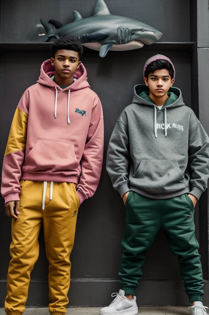 teenage man with gray clothes and hoodie and dark green and mustard pants, together with a teenage boy smaller than him and wearing pink clothes with a large shark-shaped hood and dark green pants together at a school
