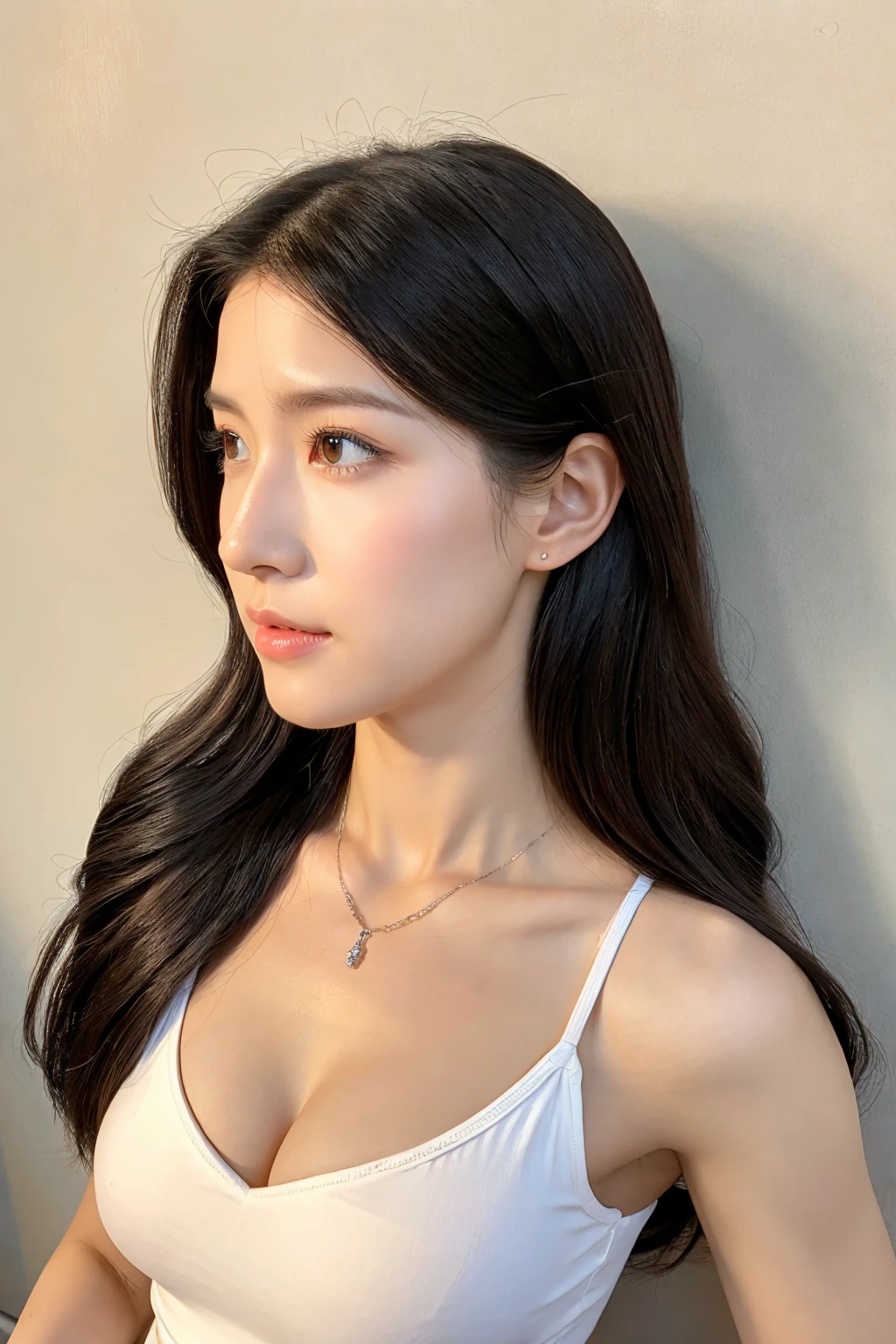 real picture,(lifelike, high resolution:1.3),(whole body:1.5), 1 girl with a perfect figure:1.4, Delicate facial features,Double eyelids,Long eyelashes,Tall nose,Wear a necklace,Long hair,Lean abdominal muscles:1.1 Random Color Tights:1.2, Short jeans, Big ,Show a little cleavage