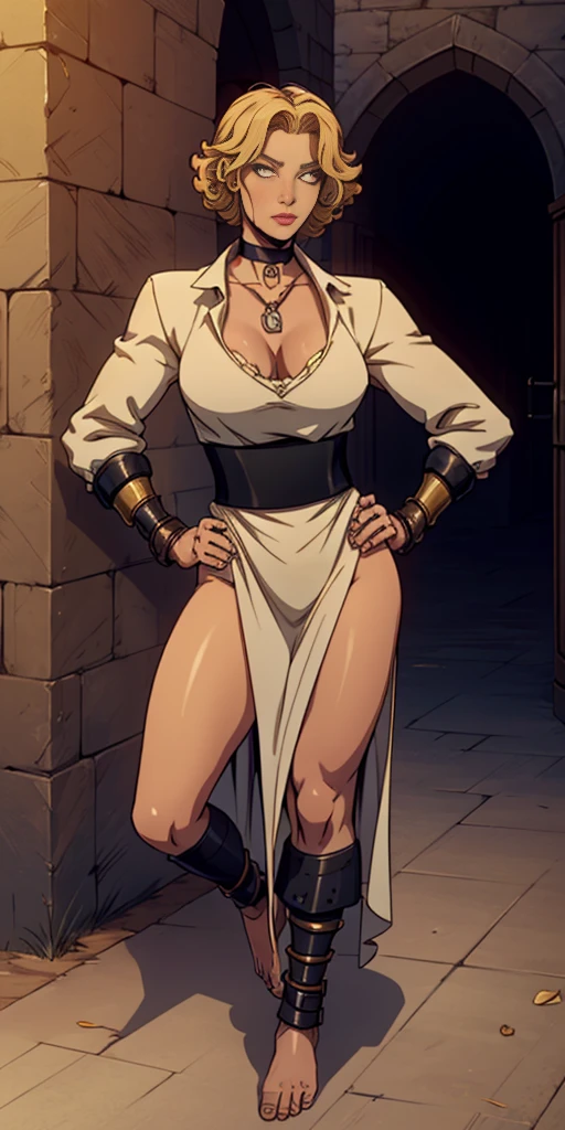 (for rest:face:lora)(long curly blonde hair) whole body, barefoot, Alone, female, big chest, linen tunic, fantasy town, armor, Handcuffs on hands with a collar around the neck, hands on the hips, slave ((black choker, leg and arm shackles))