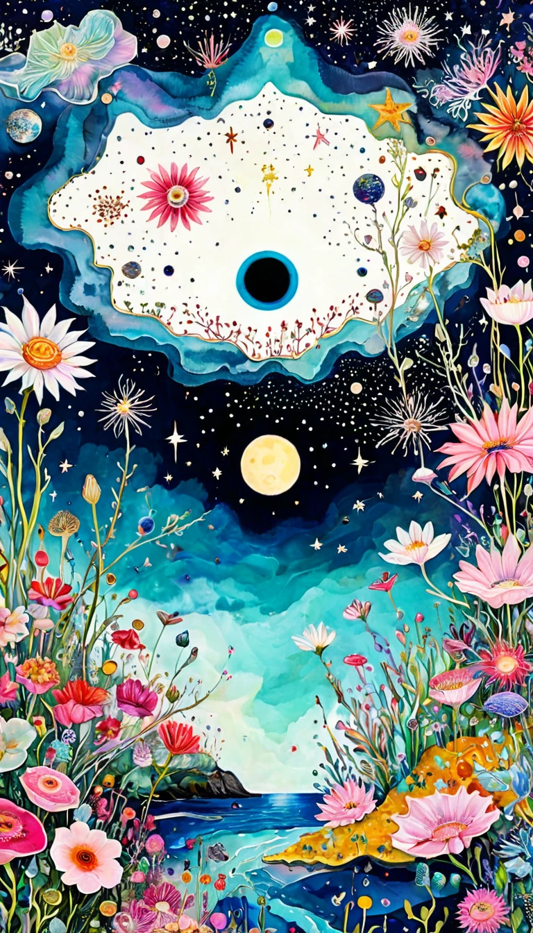 Pink flowers,microorganism、plant、Marine life、Eye、Starry Sky,Stitching together an abstract painting,Describing the inner world of autistic people,Sense of space,White Space,interesting,Innocence,Psychedelic Art