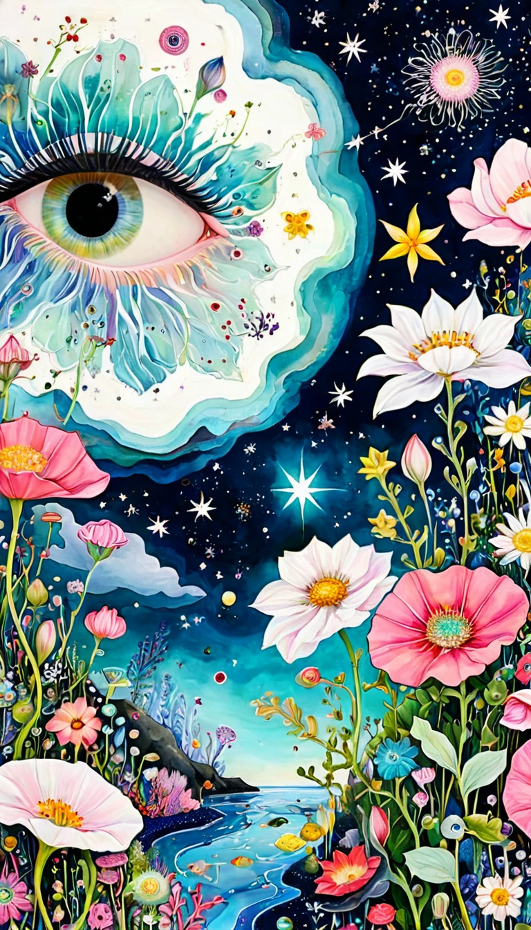 Pink flowers,microorganism、plant、Marine life、Eye、Starry Sky,Stitching together an abstract painting,Describing the inner world of autistic people,Sense of space,White Space,interesting,Innocence,Psychedelic Art