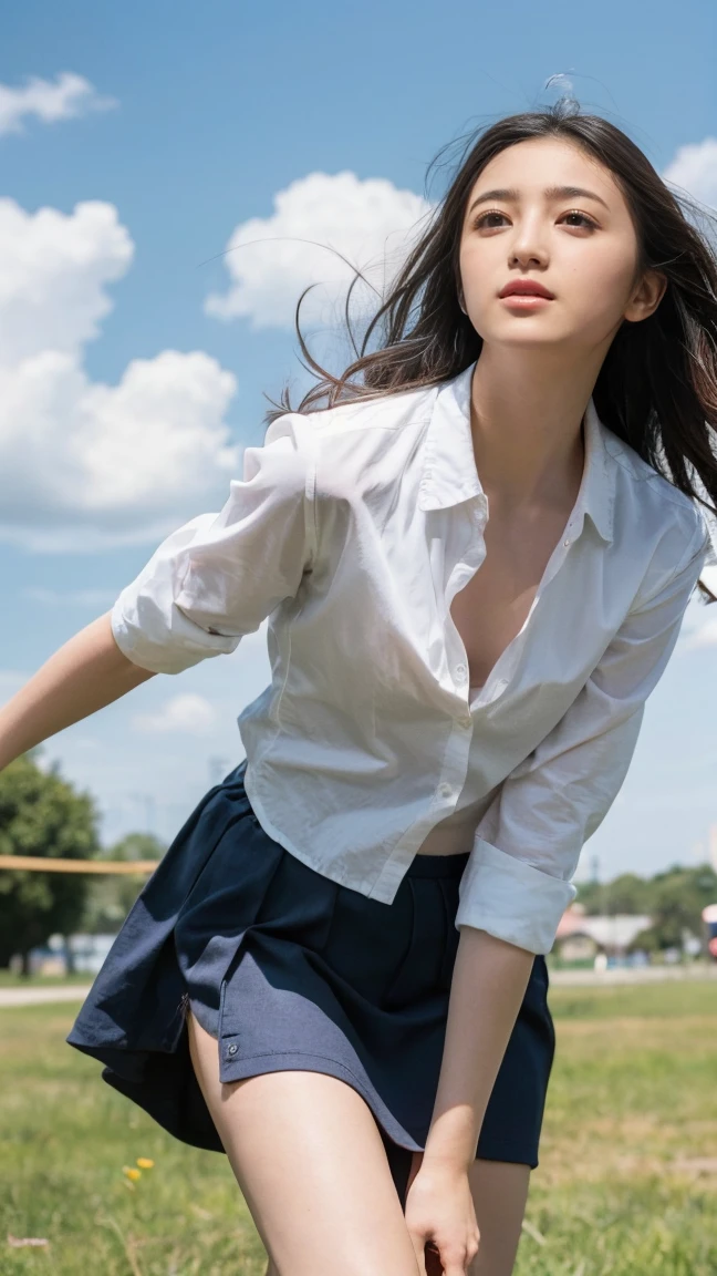 ((Extremely precise and accurate anatomy)), (((Low angle shooting、Looking into the camera:1.22,Leaning forward、Open shirt、No underwear)))、(((8K、Highest quality、masterpiece、Ultra-high resolution)))、(Realistic:1.4)、RAW Photos、(Real skin texture:1.3)、(Film Grain:1.3)、((Are standing、Skirt flutters in strong winds、Under the skirt、Do not bend your legs、don&#39;t bend your knees、Spread your thighs、Beachside、))、One Girl、Beautiful and detailed eyes and face、masterpiece、Highest quality、close、thin、Japanese Uniform、dynamic、barefoot、Various poses、