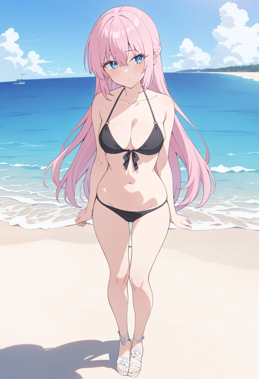 masterpiece, Highest quality, High resolution, anxiety, Long Hair, Ahoge, hair ornaments, Green Eyes, chest, , (Micro Bikini:1.3)White knee socks, Ocean, Are standing, Cowboy Shot, smile, , Open your mouth, panic++++ Embarrassing+++ Excited+++ Sex+++ (強調されたchest)(Very tiny bikini:1.6) (Tight Bikini:1.5) (Thighs:1.2) (Butt:1.3) (大きなchest:1.6) (Beautiful feet:1.2) こぼれるchest:1.4