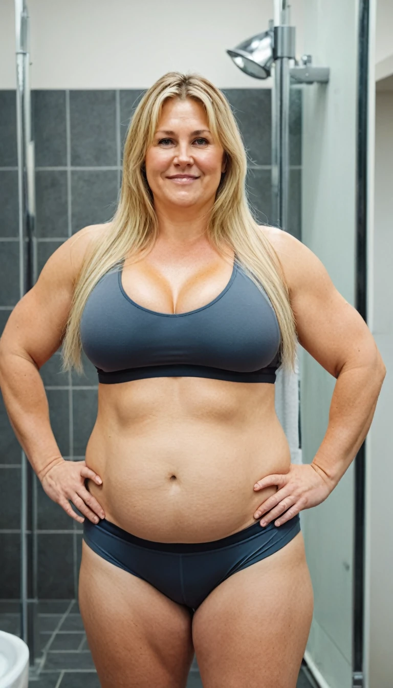 Chubby woman, 40 years old white Caucasian woman inside gym bathroom, after working out, long straight blonde hair, serious, chubby, big breasts, daily, casual, soft smile