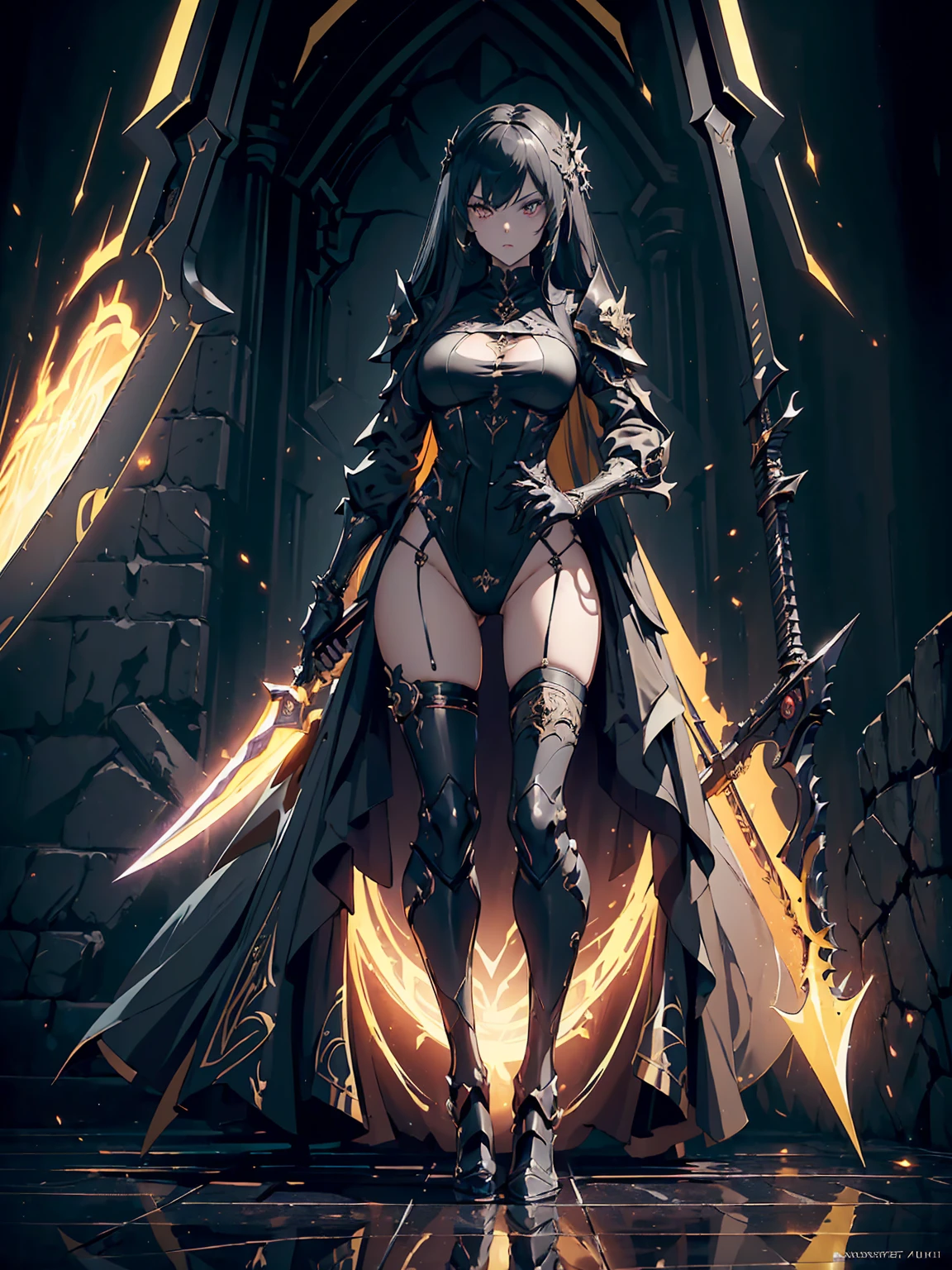 (((masterpiece, best quality, high detailed, 8k))) Design a layout showcase Gaming character, (1girl). Black|Gold clothes, stylish and unique. ((showcase weapon:1.4)), dark scythe. (masterpiece:1.2), (best quality), 4k, ultra-detailed. (Step by step design, layout art:1.5), (luminous lighting, atmospheric lighting). necromancer, ((glove full hands)), (((revealing clothes:1.3))), vambraces, armored legwear, (((full_body_shot:1.4))). {In a haunted graveyard}.