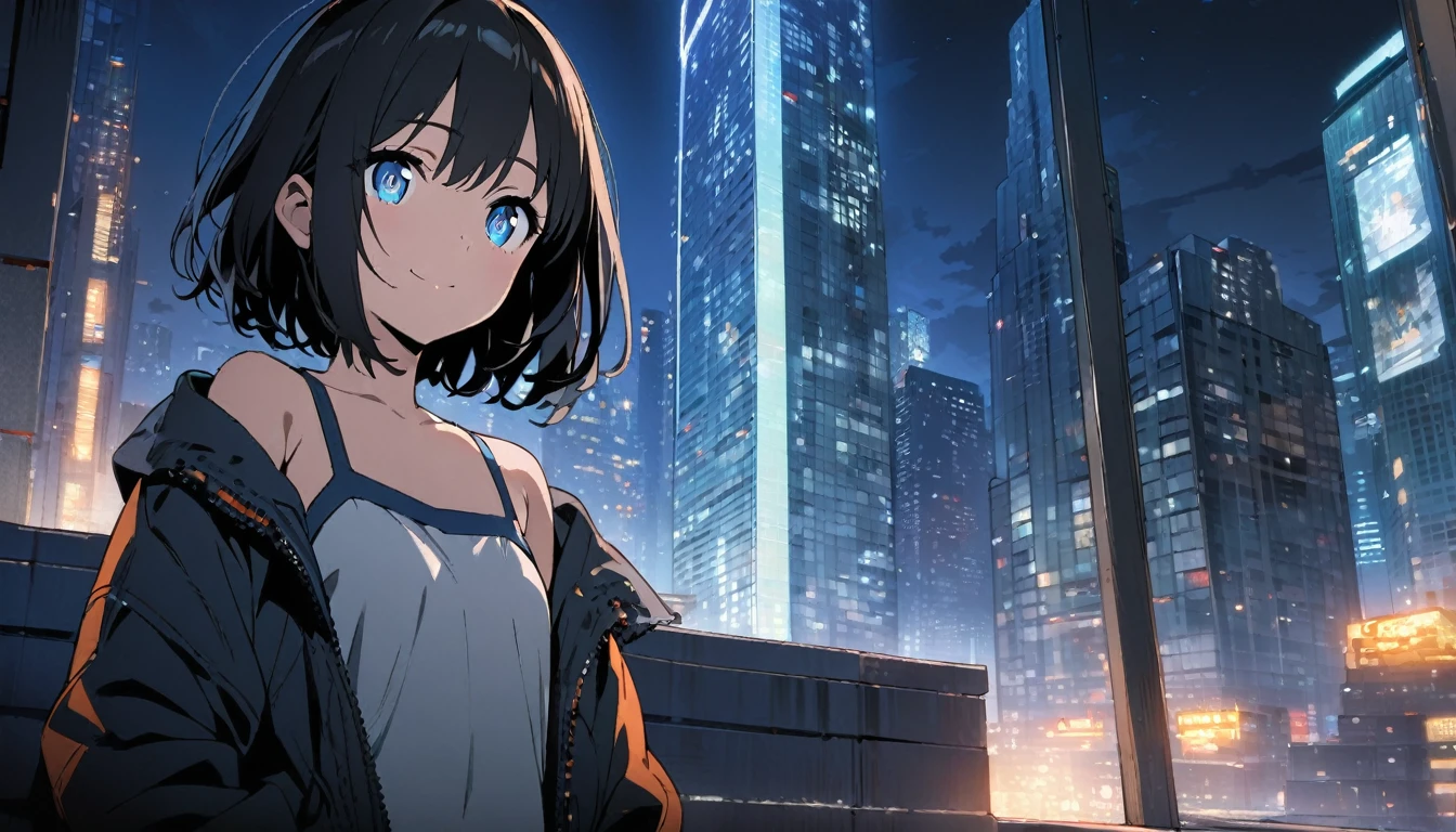 1girl, solo, blue eyes, (detailed eyes), gentle smile on her face flat chest, short hair, black hair, upper body, ((masterpiece, illustration, best quality)) Anime girl listening to music on the rooftop of a skyscraper in the city late at night,Lobby atmosphere