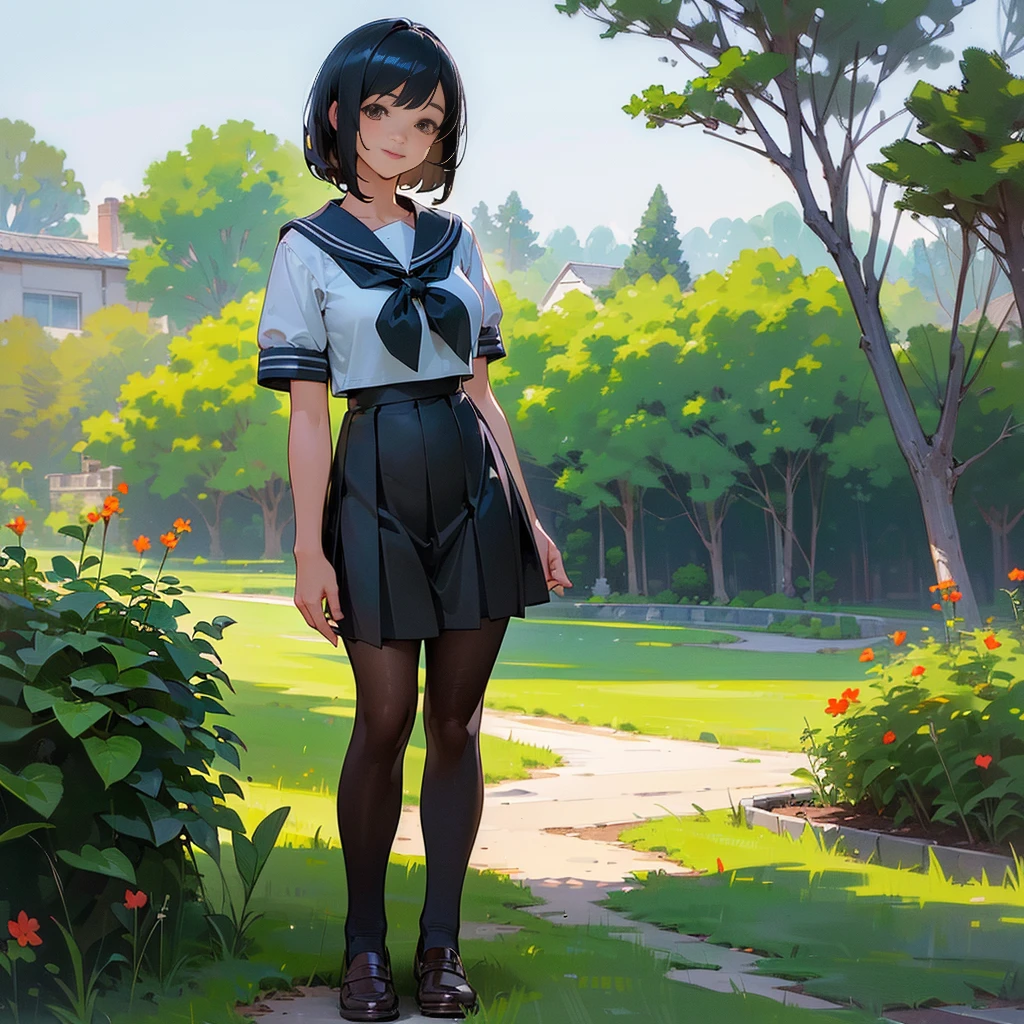 (Highest quality, High resolution, Super detailed, Realistic:1.37), Peaceful atmosphere, (Outdoor, garden), age girl standing alone,(my breasts are big.),Beautifully detailed features, Cute Smile, ((Black bob hair)),Short-sleeved sailor uniform, Pleated skirt,Black tights,Brown leather shoes.