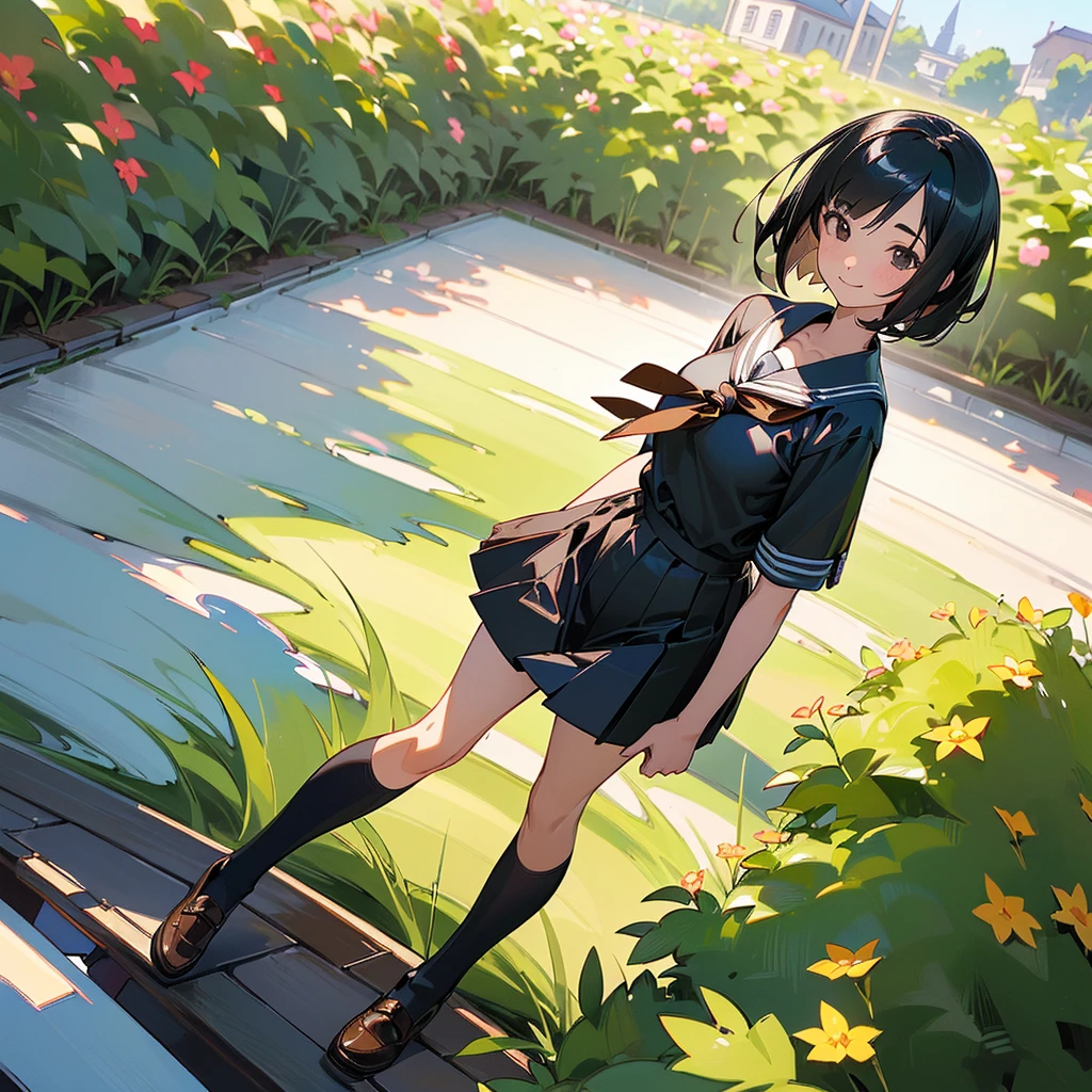 (Highest quality, High resolution, Super detailed, Realistic:1.37), Peaceful atmosphere, (Outdoor, garden), Teenage girl standing alone,(my breasts are big.),Beautifully detailed features, Cute Smile, ((Black bob hair)),Short-sleeved sailor uniform, Pleated skirt,Black tights,Brown leather shoes.