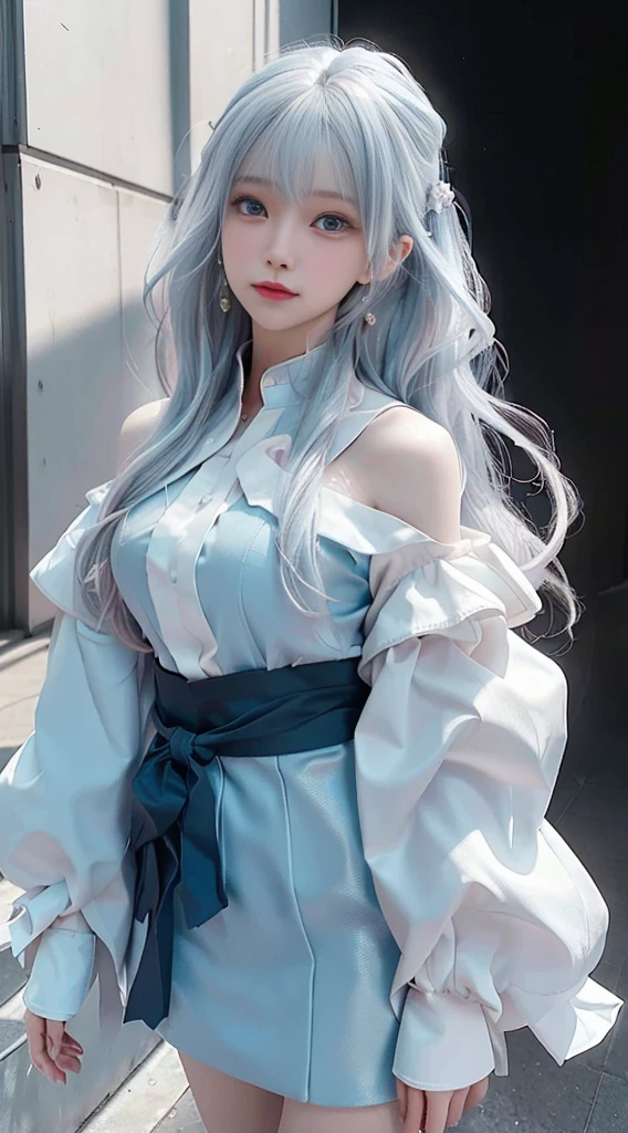 （（Best quality））， （（masterpiece））， （detail：1.4）， Beautiful cyberpunk Japanese female image，Sixteen years old,　nffsw（High Dynamic Range），Ray Tracing，nvidia RTX，Super Resolution，Unreal 5，Subsurface scattering，PBR Textures，Post-Processing，Anisotropic filtering，Depth of Field，Maximum clarity and sharp multi-layered textures，Albedo and Specular Maps，Surface Shading，Mitsu - Accurate simulation of material interactions，Perfect proportion，Octane Rendering，Two-color light，Large aperture，Low ISO，White Balance，Three rules、8K raw data、Beautiful bright red pupils，Off-shoulder clothing，outstanding student，Light blue gradient on pure white hair，Delicate face and eyes，Round Face,　Drooping eyes,　Long eyelashes，Blush Blush，Fine and fluffy hair，lips，pure，Cute face，Sweet girl，Smile，Artistic sense，Casual wear，advanced sense，snowflake，petal，snowflake,　Wild rose snow background,　Beautiful hair accessories，Waist-length hair，Hair blowing in the wind，Snow White cat ears,　curly