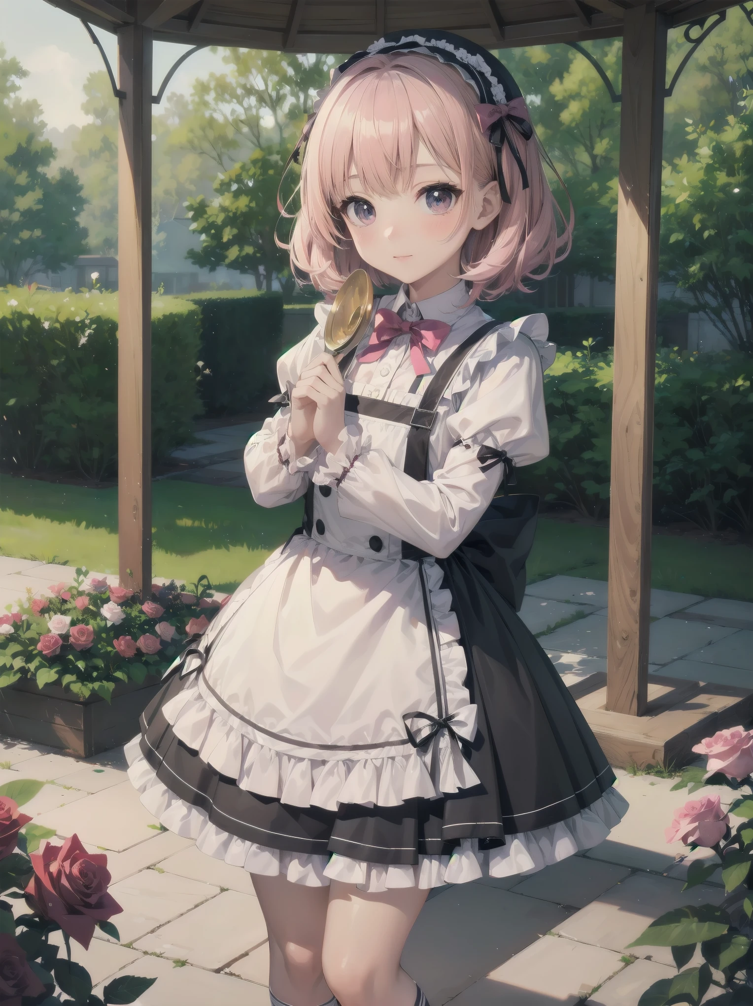 (Masterpiece: 1.2), (Best quality: 1.2), Superb resolution, Very detailed. BREAK. ((Anime girl in sweet lolita-inspired uniform)), clear girl, (1, Shy, 9 years old: 1.3), soft smile, demure pose, curly pastel hair, doe eyes,  figure, (Top quality: 1.2), very high resolution, very detailed. Expressive eyes, beautifully detailed lips, high resolution detailed hair, perfect face, porcelain skin, delicate hands, perfect lighting. BREAK. ((Frilly lolita-style uniform with lace details)), ((Pink blouse with puff sleeves, white pinafore, rose patterns: 1.3)), knee-high socks with bows, platform shoes. BREAK. (School garden), flower beds, gazebo, fountain, soft sunlight, (cowboy shot composition: 1.2). BREAK. ((Positive: 1.3)). BREAK. Digital animation art, sweet lolita anime style illustration