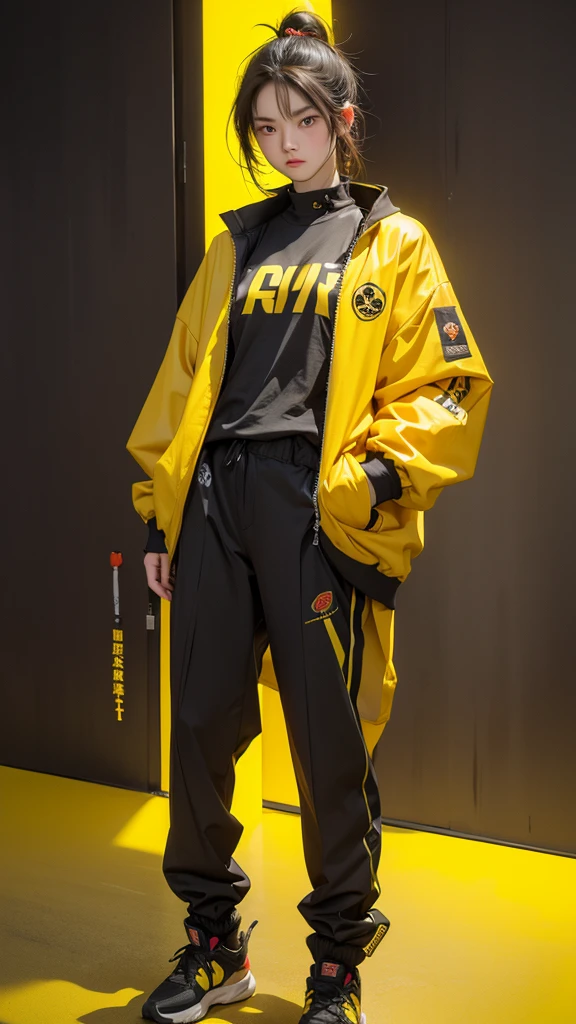 (Highest quality:1.2)。One Woman。Angry expression。(Wearing a yellow jacket cyberpunk coustem)。(standing)。The background is a black。(the word SELA is written on his jacket )