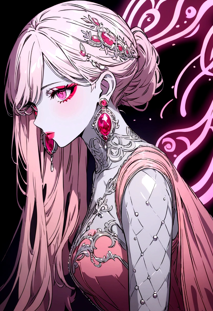 High resolution RAW color art, animation, Silver Marble Skin, (((Highly detailed elegant))), Magical atmosphere, Detailed skin, texture,(Exquisitely crafted, The finer details, Ultra-detailed art), Depth of written boundary, Silky Touch, Hyper Detail, Matte Drawing, Cute eyes, Pink Eyes,Red eyeshadow,dior pink lips,Elegant face, Neon Light, Looking to the side,Delicate dresses,Expensive dresses,Long earrings,