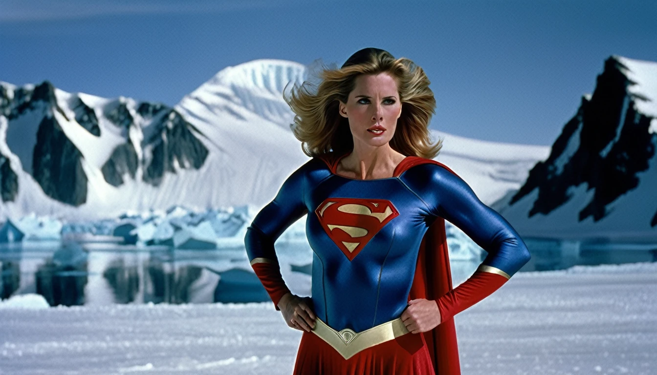 Fortress of Solitude (south pole) place; strong Julie Hagerty Supergirl 1984s take off; big and strong breasts. HD. Photograph, ((realism)), extremely high quality RAW photograph, ultra detailed photograph, sharp focus, high resolution, (detailed skin:1,3),high quality, film grain, Fujifilm XT3,Highly Detailed, movie, (Cinematic Photo:1.3) of (Realistic:1.3)