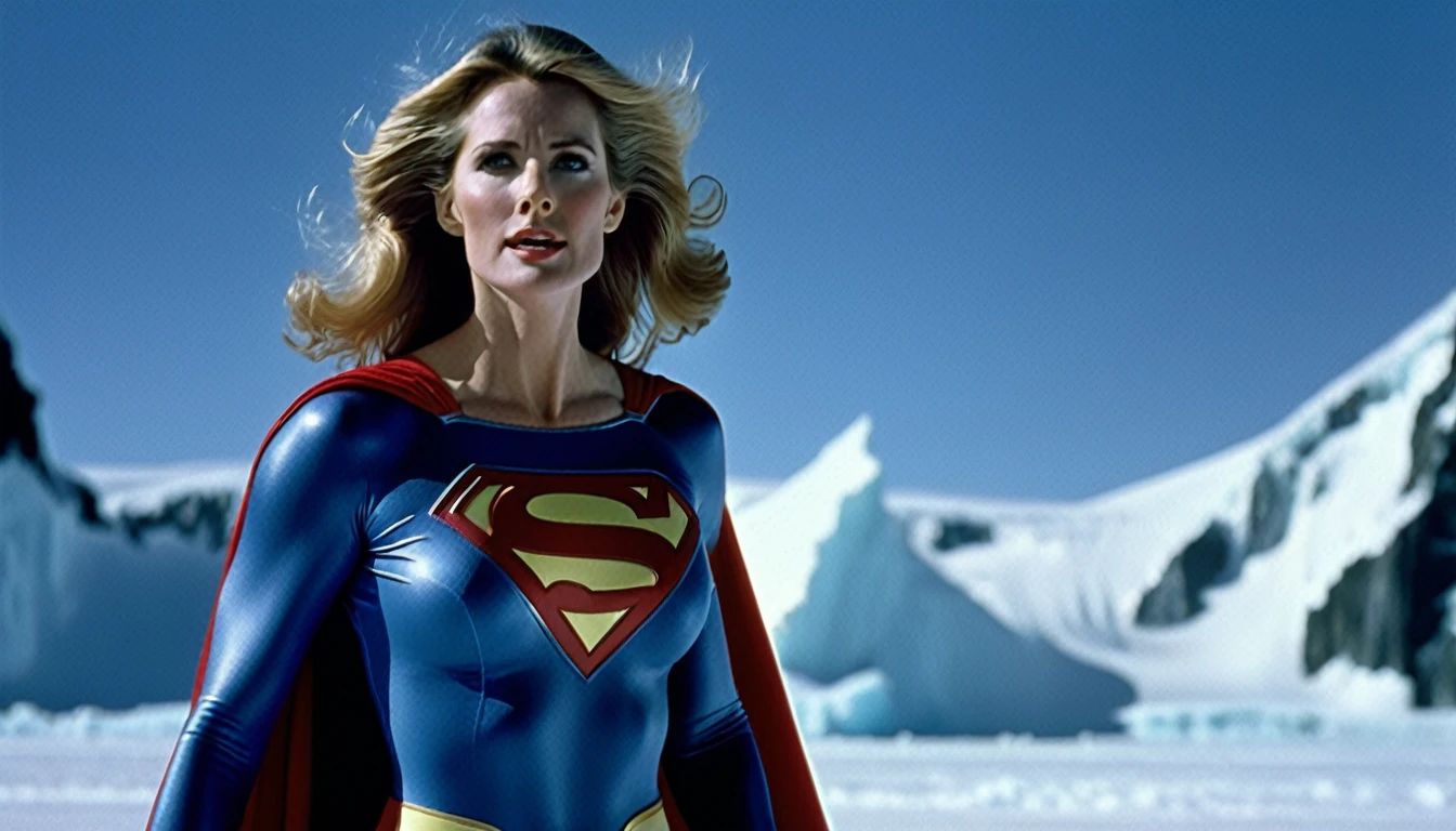 Fortress of Solitude (south pole) place; strong Julie Hagerty Supergirl 1984s take off; big and strong breasts. HD. Photograph, ((realism)), extremely high quality RAW photograph, ultra detailed photograph, sharp focus, high resolution, (detailed skin:1,3),high quality, film grain, Fujifilm XT3,Highly Detailed, movie, (Cinematic Photo:1.3) of (Realistic:1.3)